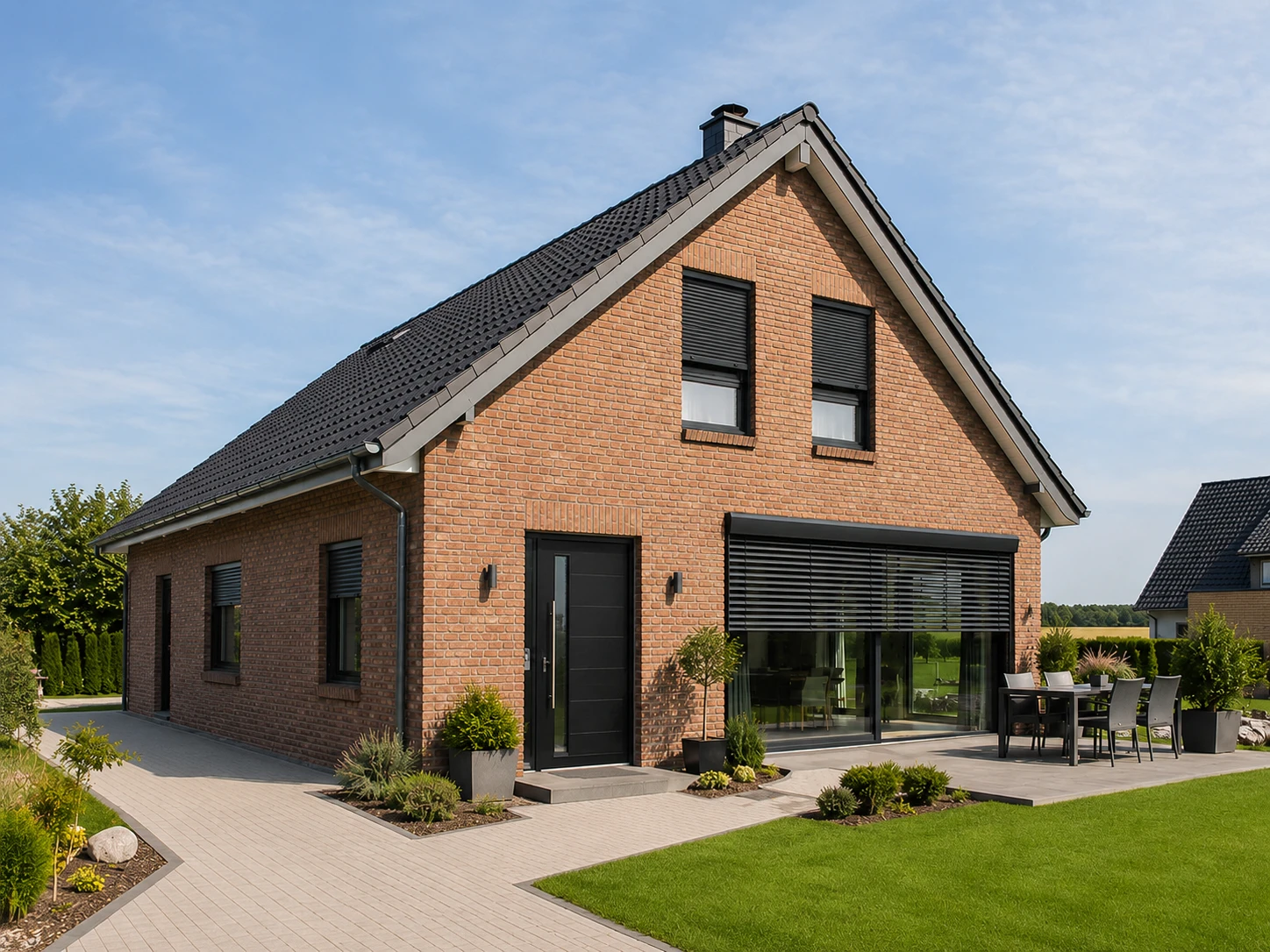 Modernes Einfamilienhaus mit Ziegelfassade und Garten, erhellt von Tageslicht, Heimstil mit Schrägdach in ruhiger Umgebung.